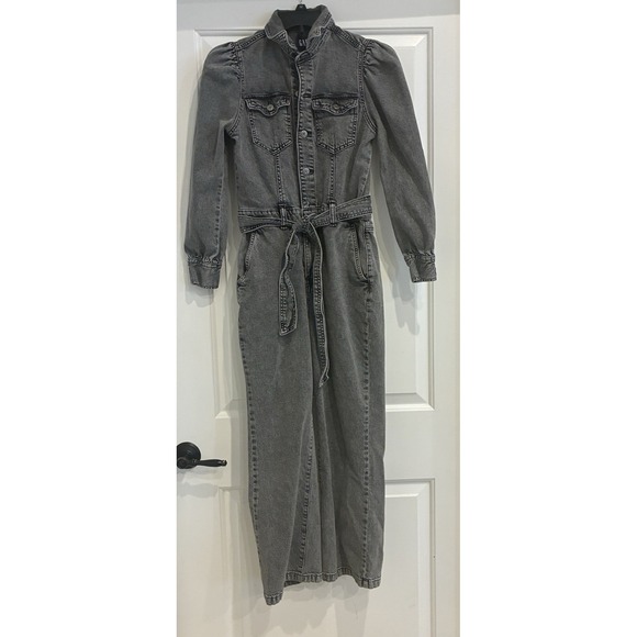 GAP Pants - GAP Denim Jumpsuit Size 2P Washed‎ Black Belted Puff Sleeve Button Up Retro 90's